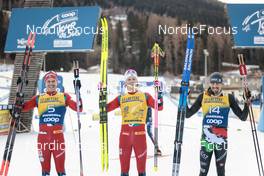 07.01.2023, Val di Fiemme, Italy (ITA): Calle Halfvarsson (SWE), Johannes Hoesflot Klaebo (NOR), Francesco De Fabiani (ITA), (l-r) - FIS world cup cross-country, tour de ski, mass, Val di Fiemme (ITA). www.nordicfocus.com. © Modica/NordicFocus. Every downloaded picture is fee-liable.
