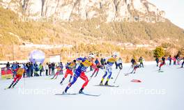 07.01.2023, Val di Fiemme, Italy (ITA): Johannes Hoesflot Klaebo (NOR), Michal Novak (CZE), Clement Parisse (FRA), William Poromaa (SWE), (l-r)  - FIS world cup cross-country, tour de ski, mass, Val di Fiemme (ITA). www.nordicfocus.com. © Barbieri/NordicFocus. Every downloaded picture is fee-liable.
