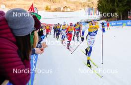 07.01.2023, Val di Fiemme, Italy (ITA): Calle Halfvarsson (SWE), Simen Hegstad Krueger (NOR), William Poromaa (SWE), (l-r)  - FIS world cup cross-country, tour de ski, mass, Val di Fiemme (ITA). www.nordicfocus.com. © Barbieri/NordicFocus. Every downloaded picture is fee-liable.