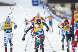 07.01.2023, Val di Fiemme, Italy (ITA): Calle Halfvarsson (SWE), Francesco De Fabiani (ITA), Antoine Cyr (CAN), (l-r)  - FIS world cup cross-country, tour de ski, mass, Val di Fiemme (ITA). www.nordicfocus.com. © Modica/NordicFocus. Every downloaded picture is fee-liable.