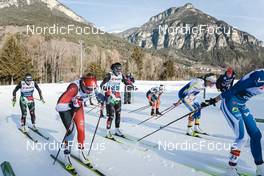 07.01.2023, Val di Fiemme, Italy (ITA): Anna Comarella (ITA), Dahria Beatty (CAN), Cristina Pittin (ITA), Patricija Eiduka (LAT), Anna Dyvik (SWE), (l-r)  - FIS world cup cross-country, tour de ski, mass, Val di Fiemme (ITA). www.nordicfocus.com. © Modica/NordicFocus. Every downloaded picture is fee-liable.