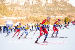 07.01.2023, Val di Fiemme, Italy (ITA): Eric Rosjoe (SWE), Paal Golberg (NOR), Simen Hegstad Krueger (NOR), (l-r)  - FIS world cup cross-country, tour de ski, mass, Val di Fiemme (ITA). www.nordicfocus.com. © Barbieri/NordicFocus. Every downloaded picture is fee-liable.