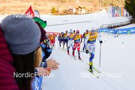 07.01.2023, Val di Fiemme, Italy (ITA): Calle Halfvarsson (SWE), Simen Hegstad Krueger (NOR), William Poromaa (SWE), (l-r)  - FIS world cup cross-country, tour de ski, mass, Val di Fiemme (ITA). www.nordicfocus.com. © Barbieri/NordicFocus. Every downloaded picture is fee-liable.