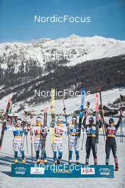 22.01.2023, Livigno, Italy (ITA): Jonna Sundling (SWE), Emma Ribom (SWE), Linn Svahn (SWE), Maja Dahlqvist (SWE), Julia Kern (USA), Rosie Brennan (USA), (l-r) - FIS world cup cross-country, team sprint, Livigno (ITA). www.nordicfocus.com. © Modica/NordicFocus. Every downloaded picture is fee-liable.