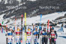 22.01.2023, Livigno, Italy (ITA): Jonna Sundling (SWE), Emma Ribom (SWE), Linn Svahn (SWE), Maja Dahlqvist (SWE), Julia Kern (USA), Rosie Brennan (USA), (l-r)  - FIS world cup cross-country, team sprint, Livigno (ITA). www.nordicfocus.com. © Modica/NordicFocus. Every downloaded picture is fee-liable.