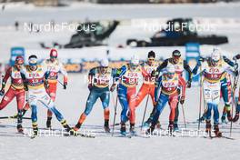 22.01.2023, Livigno, Italy (ITA): Haavard Solaas Taugboel (NOR), Johan Haeggstroem (SWE), Andrew Young (GBR), Jules Chappaz (FRA), Renaud Jay (FRA), Marcus Grate (SWE), (l-r)  - FIS world cup cross-country, team sprint, Livigno (ITA). www.nordicfocus.com. © Modica/NordicFocus. Every downloaded picture is fee-liable.