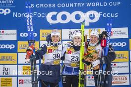 27.01.2023, Les Rousses, France (FRA): Delphine Claudel (FRA), Ebba Andersson (SWE), Jessie Diggins (USA), (l-r) - FIS world cup cross-country, 10km, Les Rousses (FRA). www.nordicfocus.com. © Thibaut/NordicFocus. Every downloaded picture is fee-liable.