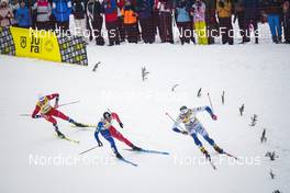 28.01.2023, Les Rousses, France (FRA): Johannes Hoesflot Klaebo (NOR), Richard Jouve (FRA), Edvin Anger (SWE), (l-r)  - FIS world cup cross-country, individual sprint, Les Rousses (FRA). www.nordicfocus.com. © Thibaut/NordicFocus. Every downloaded picture is fee-liable.