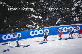 28.01.2023, Les Rousses, France (FRA): Niilo Moilanen (FIN), Federico Pellegrino (ITA), Michal Novak (CZE), Antoine Cyr (CAN), Paal Golberg (NOR), (l-r)  - FIS world cup cross-country, individual sprint, Les Rousses (FRA). www.nordicfocus.com. © Thibaut/NordicFocus. Every downloaded picture is fee-liable.