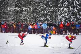 28.01.2023, Les Rousses, France (FRA): Sivert Wiig (NOR), Lauri Vuorinen (FIN), Johannes Hoesflot Klaebo (NOR), (l-r)  - FIS world cup cross-country, individual sprint, Les Rousses (FRA). www.nordicfocus.com. © Thibaut/NordicFocus. Every downloaded picture is fee-liable.