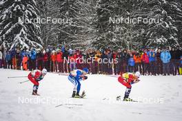28.01.2023, Les Rousses, France (FRA): Sivert Wiig (NOR), Lauri Vuorinen (FIN), Johannes Hoesflot Klaebo (NOR), (l-r)  - FIS world cup cross-country, individual sprint, Les Rousses (FRA). www.nordicfocus.com. © Thibaut/NordicFocus. Every downloaded picture is fee-liable.