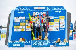 28.01.2023, Les Rousses, France (FRA): Johannes Hoesflot Klaebo (NOR), Richard Jouve (FRA), Paal Golberg (NOR), (l-r), (l-r) - FIS world cup cross-country, individual sprint, Les Rousses (FRA). www.nordicfocus.com. © Authamayou/NordicFocus. Every downloaded picture is fee-liable.