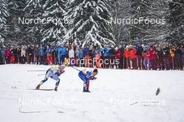 28.01.2023, Les Rousses, France (FRA): Edvin Anger (SWE), Richard Jouve (FRA), (l-r)  - FIS world cup cross-country, individual sprint, Les Rousses (FRA). www.nordicfocus.com. © Thibaut/NordicFocus. Every downloaded picture is fee-liable.