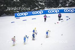 28.01.2023, Les Rousses, France (FRA): Lea Fischer (SUI), Katri Lylynpera (FIN), Linn Svahn (SWE), Hailey Swirbul (USA), Emma Ribom (SWE), (l-r)  - FIS world cup cross-country, individual sprint, Les Rousses (FRA). www.nordicfocus.com. © Thibaut/NordicFocus. Every downloaded picture is fee-liable.