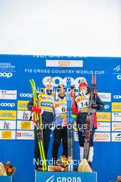 28.01.2023, Les Rousses, France (FRA): Johannes Hoesflot Klaebo (NOR), Richard Jouve (FRA), Paal Golberg (NOR), (l-r), (l-r) - FIS world cup cross-country, individual sprint, Les Rousses (FRA). www.nordicfocus.com. © Authamayou/NordicFocus. Every downloaded picture is fee-liable.