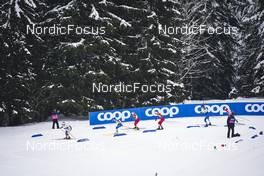 28.01.2023, Les Rousses, France (FRA): Johanna Hagstroem (SWE), Jasmi Joensuu (FIN), Anna Svendsen (NOR), Ane Appelkvist Stenseth (NOR), Johanna Matintalo (FIN), Lena Quintin (FRA), (l-r), Coop  - FIS world cup cross-country, individual sprint, Les Rousses (FRA). www.nordicfocus.com. © Thibaut/NordicFocus. Every downloaded picture is fee-liable.