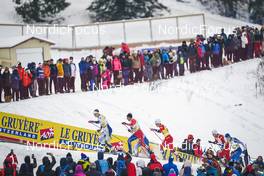 28.01.2023, Les Rousses, France (FRA): Edvin Anger (SWE), Richard Jouve (FRA), Johannes Hoesflot Klaebo (NOR), Sivert Wiig (NOR), Niilo Moilanen (FIN), (l-r) Le Gruyere - FIS world cup cross-country, individual sprint, Les Rousses (FRA). www.nordicfocus.com. © Thibaut/NordicFocus. Every downloaded picture is fee-liable.