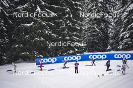 28.01.2023, Les Rousses, France (FRA): Jonna Sundling (SWE), Kristine Stavaas Skistad (NOR), Laura Gimmler (GER), Rosie Brennan (USA), Caterina Ganz (ITA), Alina Meier (SUI), (l-r), Coop  - FIS world cup cross-country, individual sprint, Les Rousses (FRA). www.nordicfocus.com. © Thibaut/NordicFocus. Every downloaded picture is fee-liable.