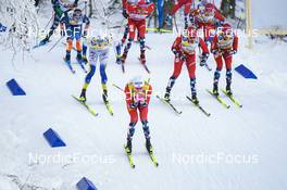 29.01.2023, Les Rousses, France (FRA): William Poromaa (SWE), Johannes Hoesflot Klaebo (NOR), Hans Christer Holund (NOR), Didrik Toenseth (NOR), (l-r)  - FIS world cup cross-country, mass, Les Rousses (FRA). www.nordicfocus.com. © Thibaut/NordicFocus. Every downloaded picture is fee-liable.