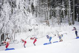 29.01.2023, Les Rousses, France (FRA): Astrid Oeyre Slind (NOR), Ingvild Flugstad Oestberg (NOR), Heidi Weng (NOR), Krista Parmakoski (FIN), Jonna Sundling (SWE), Rosie Brennan (USA), (l-r)  - FIS world cup cross-country, mass, Les Rousses (FRA). www.nordicfocus.com. © Thibaut/NordicFocus. Every downloaded picture is fee-liable.