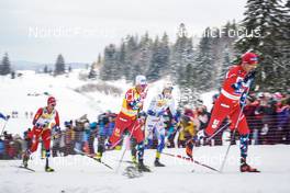 29.01.2023, Les Rousses, France (FRA): Didrik Toenseth (NOR), Johannes Hoesflot Klaebo (NOR), William Poromaa (SWE), Paal Golberg (NOR), (l-r)  - FIS world cup cross-country, mass, Les Rousses (FRA). www.nordicfocus.com. © Thibaut/NordicFocus. Every downloaded picture is fee-liable.