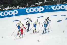 29.01.2023, Les Rousses, France (FRA): Emma Ribom (SWE), Heidi Weng (NOR), Jessie Diggins (USA), Jonna Sundling (SWE), Johanna Matintalo (FIN), Rosie Brennan (USA), (l-r)  - FIS world cup cross-country, mass, Les Rousses (FRA). www.nordicfocus.com. © Thibaut/NordicFocus. Every downloaded picture is fee-liable.