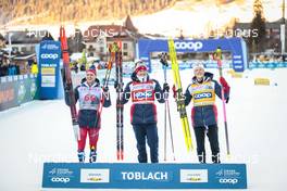 04.02.2023, Toblach, Italy (ITA): Simen Hegstad Krueger (NOR), Paal Golberg (NOR), Johannes Hoesflot Klaebo (NOR), (l-r) - FIS world cup cross-country, 10km, Toblach (ITA). www.nordicfocus.com. © Modica/NordicFocus. Every downloaded picture is fee-liable.