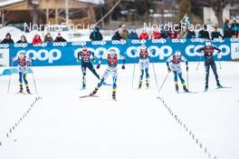 03.02.2023, Toblach, Italy (ITA): Emma Ribom (SWE), Jonna Sundling (SWE), Maja Dahlqvist (SWE), Jessie Diggins (USA), (l-r)  - FIS world cup cross-country, individual sprint, Toblach (ITA). www.nordicfocus.com. © Modica/NordicFocus. Every downloaded picture is fee-liable.