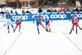 03.02.2023, Toblach, Italy (ITA): Edvin Anger (SWE), Lucas Chanavat (FRA), Johannes Hoesflot Klaebo (NOR), (l-r)  - FIS world cup cross-country, individual sprint, Toblach (ITA). www.nordicfocus.com. © Modica/NordicFocus. Every downloaded picture is fee-liable.