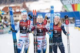 03.02.2023, Toblach, Italy (ITA): Maja Dahlqvist (SWE), Jonna Sundling (SWE), Jessie Diggins (USA), (l-r) - FIS world cup cross-country, individual sprint, Toblach (ITA). www.nordicfocus.com. © Modica/NordicFocus. Every downloaded picture is fee-liable.