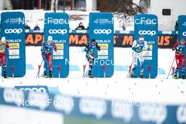 03.02.2023, Toblach, Italy (ITA): Johannes Hoesflot Klaebo (NOR), Lucas Chanavat (FRA), Federico Pellegrino (ITA), Edvin Anger (SWE), Erik Valnes (NOR), (l-r)  - FIS world cup cross-country, individual sprint, Toblach (ITA). www.nordicfocus.com. © Modica/NordicFocus. Every downloaded picture is fee-liable.