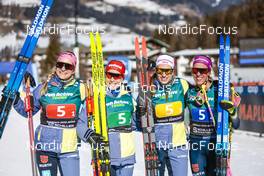 05.02.2023, Toblach, Italy (ITA): Laura Gimmler (GER), Katharina Hennig (GER), Pia Fink (GER), Sofie Krehl (GER), (l-r)  - FIS world cup cross-country, relay, Toblach (ITA). www.nordicfocus.com. © Modica/NordicFocus. Every downloaded picture is fee-liable.