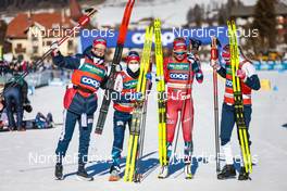 05.02.2023, Toblach, Italy (ITA): Anne Kjersti Kalvaa (NOR), Heidi Weng (NOR), Silje Theodorsen (NOR), Ingvild Flugstad Oestberg (NOR), (l-r)  - FIS world cup cross-country, relay, Toblach (ITA). www.nordicfocus.com. © Modica/NordicFocus. Every downloaded picture is fee-liable.