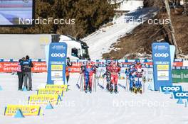 05.02.2023, Toblach, Italy (ITA): Clement Parisse (FRA), Dietmar Noeckler (ITA), Sjur Roethe (NOR), Markus Vuorela (FIN), Eric Rosjoe (SWE), (l-r)  - FIS world cup cross-country, relay, Toblach (ITA). www.nordicfocus.com. © Modica/NordicFocus. Every downloaded picture is fee-liable.