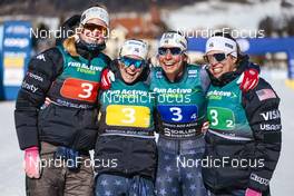 05.02.2023, Toblach, Italy (ITA): Hailey Swirbul (USA), Jessie Diggins (USA), Julia Kern (USA), Rosie Brennan (USA), (l-r)  - FIS world cup cross-country, relay, Toblach (ITA). www.nordicfocus.com. © Modica/NordicFocus. Every downloaded picture is fee-liable.