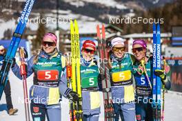 05.02.2023, Toblach, Italy (ITA): Laura Gimmler (GER), Katharina Hennig (GER), Pia Fink (GER), Sofie Krehl (GER), (l-r)  - FIS world cup cross-country, relay, Toblach (ITA). www.nordicfocus.com. © Modica/NordicFocus. Every downloaded picture is fee-liable.