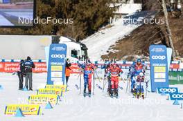 05.02.2023, Toblach, Italy (ITA): Clement Parisse (FRA), Dietmar Noeckler (ITA), Sjur Roethe (NOR), Markus Vuorela (FIN), Eric Rosjoe (SWE), (l-r)  - FIS world cup cross-country, relay, Toblach (ITA). www.nordicfocus.com. © Modica/NordicFocus. Every downloaded picture is fee-liable.