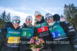 05.02.2023, Toblach, Italy (ITA): Jessie Diggins (USA), Rosie Brennan (USA), Hailey Swirbul (USA), Julia Kern (USA), (l-r)  - FIS world cup cross-country, relay, Toblach (ITA). www.nordicfocus.com. © Modica/NordicFocus. Every downloaded picture is fee-liable.