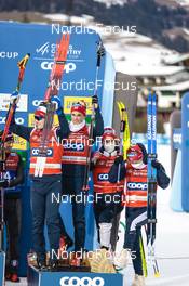 05.02.2023, Toblach, Italy (ITA): Sjur Roethe (NOR), Didrik Toenseth (NOR), Simen Hegstad Krueger (NOR), Harald Oestberg Amundsen (NOR), (l-r)  - FIS world cup cross-country, relay, Toblach (ITA). www.nordicfocus.com. © Modica/NordicFocus. Every downloaded picture is fee-liable.