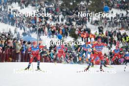 11.03.2023, Oslo, Norway (NOR): Didrik Toenseth (NOR), Johannes Hoesflot Klaebo (NOR), Paal Golberg (NOR), (l-r)  - FIS world cup cross-country, mass men, Oslo (NOR). www.nordicfocus.com. © Modica/NordicFocus. Every downloaded picture is fee-liable.