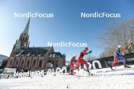 14.03.2023, Drammen, Norway (NOR): Sivert Wiig (NOR), Paal Golberg (NOR), Renaud Jay (FRA), (l-r)  - FIS world cup cross-country, individual sprint, Drammen (NOR). www.nordicfocus.com. © Modica/NordicFocus. Every downloaded picture is fee-liable.
