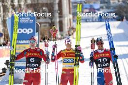 14.03.2023, Drammen, Norway (NOR): Erik Valnes (NOR), Johannes Hoesflot Klaebo (NOR), Richard Jouve (FRA), (l-r) - FIS world cup cross-country, individual sprint, Drammen (NOR). www.nordicfocus.com. © Modica/NordicFocus. Every downloaded picture is fee-liable.