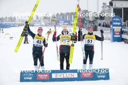 17.03.2023, Falun, Sweden (SWE): Martin Loewstroem Nyenget (NOR), Johannes Hoesflot Klaebo (NOR), Harald Oestberg Amundsen (NOR), (l-r) - FIS world cup cross-country, 10km, Falun (SWE). www.nordicfocus.com. © Modica/NordicFocus. Every downloaded picture is fee-liable.