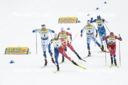18.03.2023, Falun, Sweden (SWE): Edvin Anger (SWE), Lucas Chanavat (FRA), Johannes Hoesflot Klaebo (NOR), Calle Halfvarsson (SWE), Verneri Poikonen (FIN), Even Northug (NOR), (l-r)  - FIS world cup cross-country, individual sprint, Falun (SWE). www.nordicfocus.com. © Modica/NordicFocus. Every downloaded picture is fee-liable.
