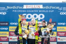 18.03.2023, Falun, Sweden (SWE): Erik Valnes (NOR), Johannes Hoesflot Klaebo (NOR), Federico Pellegrino (ITA), (l-r) - FIS world cup cross-country, individual sprint, Falun (SWE). www.nordicfocus.com. © Modica/NordicFocus. Every downloaded picture is fee-liable.