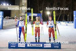 21.03.2023, Tallinn, Estonia (EST): Lucas Chanavat (FRA), Johannes Hoesflot Klaebo (NOR), Even Northug (NOR), (l-r) - FIS world cup cross-country, individual sprint, Tallinn (EST). www.nordicfocus.com. © Modica/NordicFocus. Every downloaded picture is fee-liable.