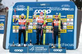 24.03.2023, Lahti, Finland (FIN): Lucas Chanavat (FRA), Johannes Hoesflot Klaebo (NOR), Even Northug (NOR), (l-r) - FIS world cup cross-country, cups, Lahti (FIN). www.nordicfocus.com. © Modica/NordicFocus. Every downloaded picture is fee-liable.