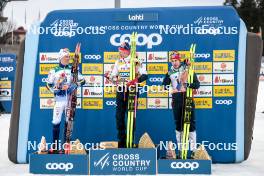 24.03.2023, Lahti, Finland (FIN): Calle Halfvarsson (SWE), Johannes Hoesflot Klaebo (NOR), Erik Valnes (NOR), (l-r) - FIS world cup cross-country, cups, Lahti (FIN). www.nordicfocus.com. © Modica/NordicFocus. Every downloaded picture is fee-liable.