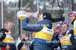 26.03.2023, Lahti, Finland (FIN): Norwegian Team on the stage celebrating - FIS world cup cross-country, cups, Lahti (FIN). www.nordicfocus.com. © Modica/NordicFocus. Every downloaded picture is fee-liable.