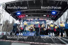 26.03.2023, Lahti, Finland (FIN): Norwegian Team on the stage celebrating - FIS world cup cross-country, cups, Lahti (FIN). www.nordicfocus.com. © Modica/NordicFocus. Every downloaded picture is fee-liable.